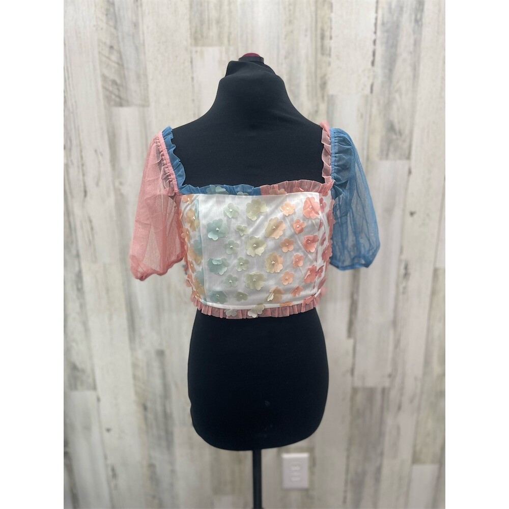 Storia Cropped Top Womens Size S Multicolor 3D Floral Applique Sheer NWT
